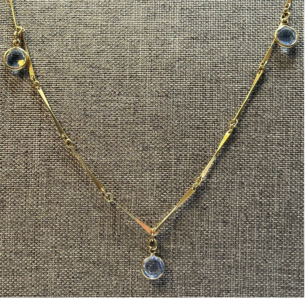 Blue Gold Bar Link Chain Sapphire Channel‎ Set Glass Charms Necklace 15.5"
